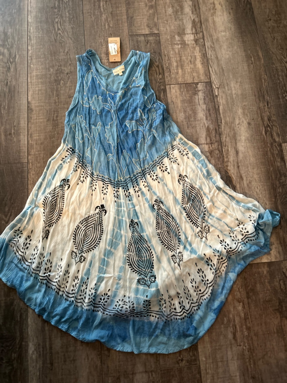 Blue and White Tie-Dye Beach Sundress with Black Print.  Size Medium CL1